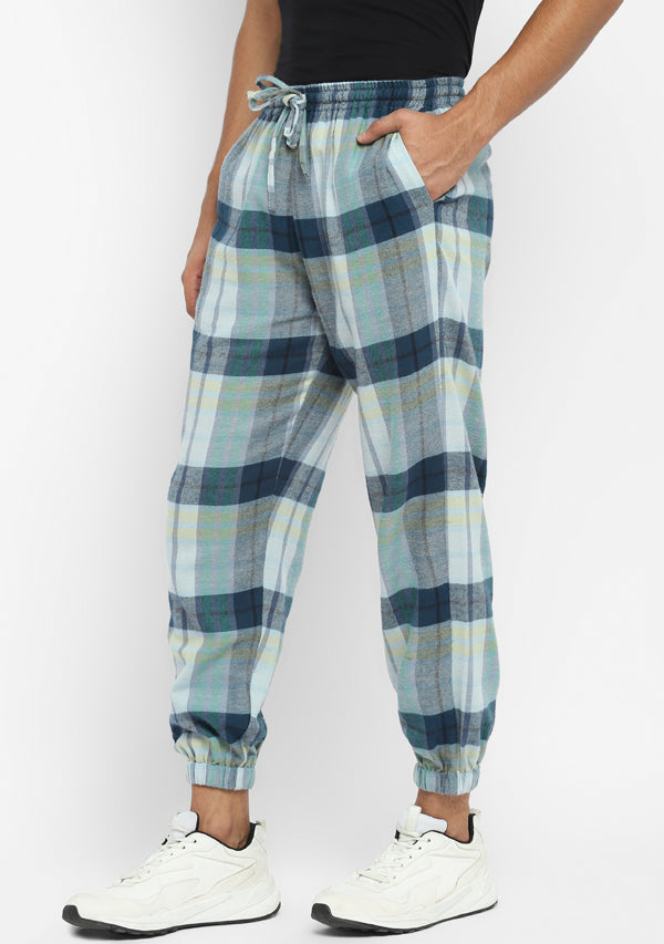 Flannel Blue Green Checked Jogger Pants For Men