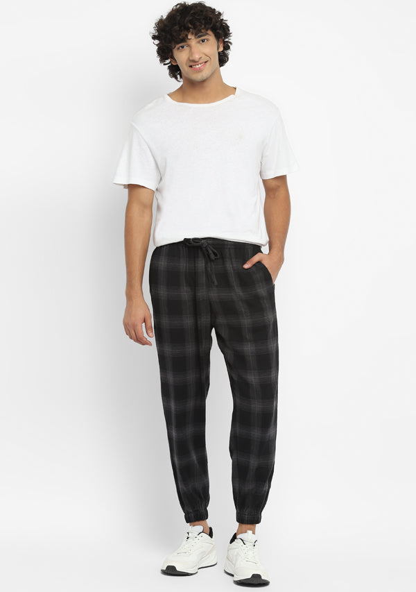 Flannel Black Grey Checked Jogger Pants For Men