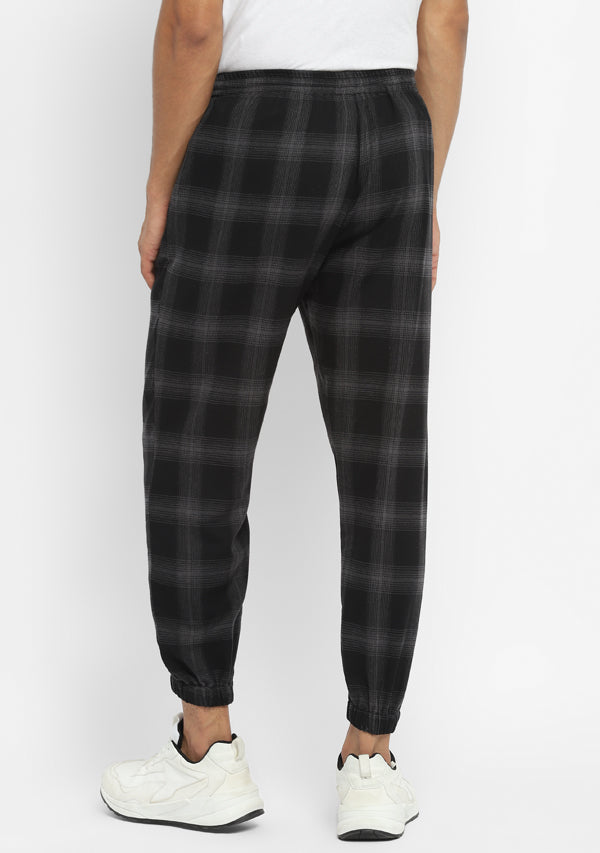 Flannel Black Grey Checked Jogger Pants For Men