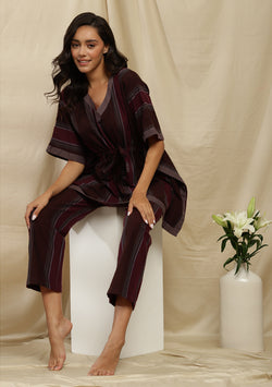 Flannel  Maroon Grey Striped Short Kaftan With Pyjamas