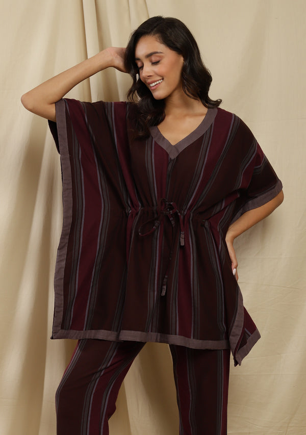Flannel  Maroon Grey Striped Short Kaftan With Pyjamas