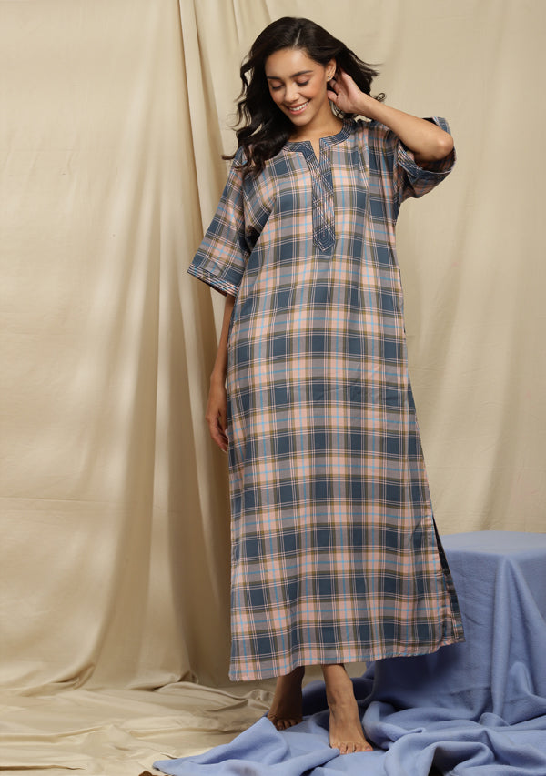Flannel Pink Blue Checked Nighty Kaftan with Stitch Lines