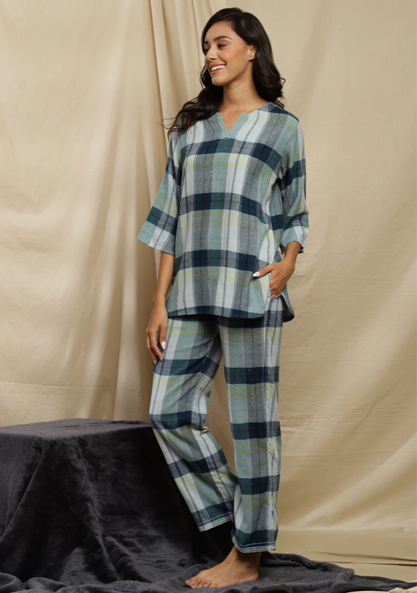 Flannel Blue Green Check Night Suit