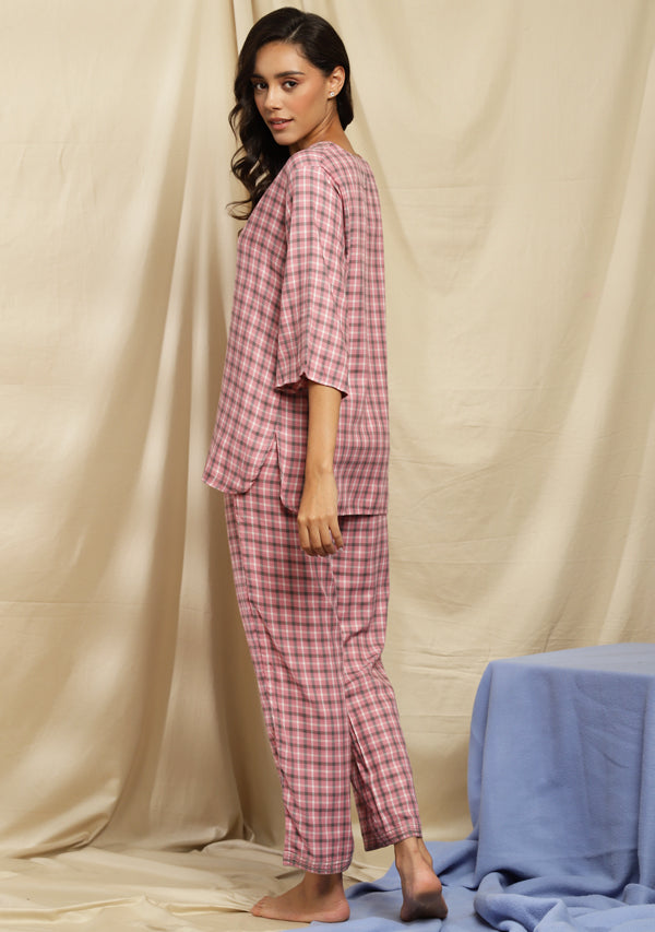 Pink Green Check Flannel Night Suit