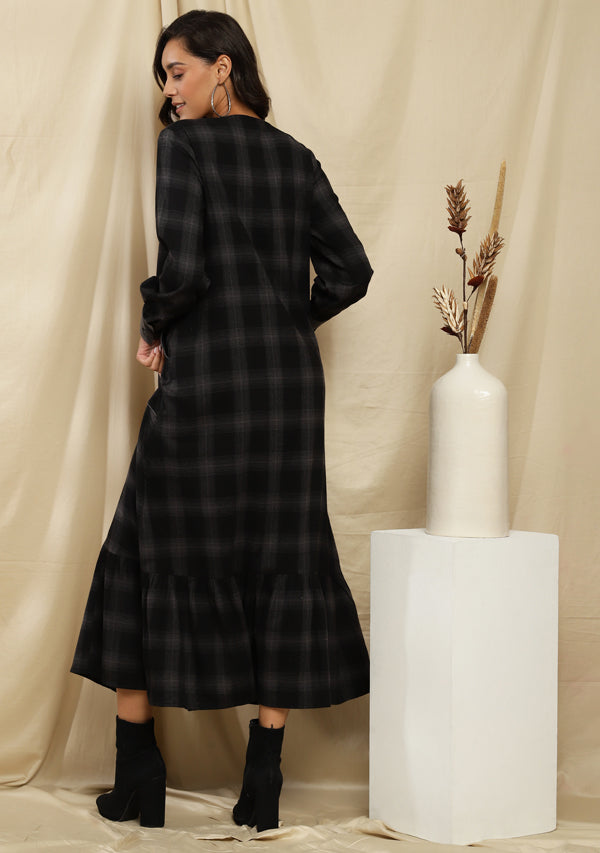 Flannel Black Grey Checked Long Dress With gathered Hemline