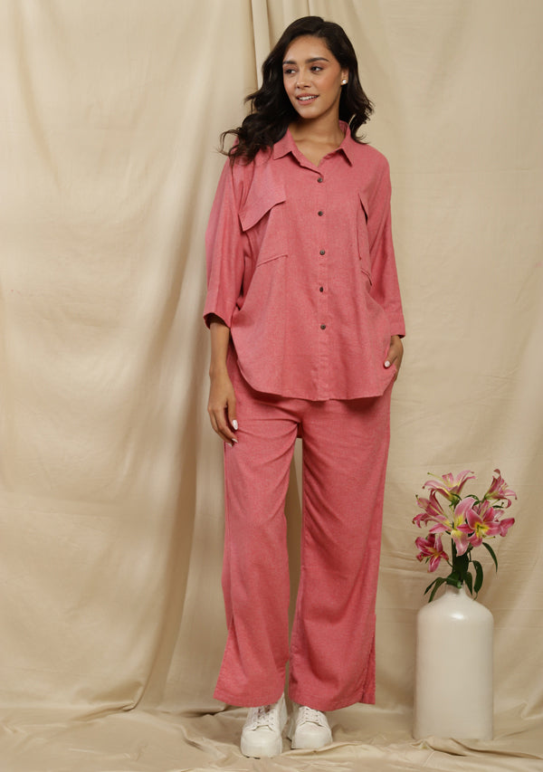 Flannel Pink Collared Co-ord Set with Flap pockets
