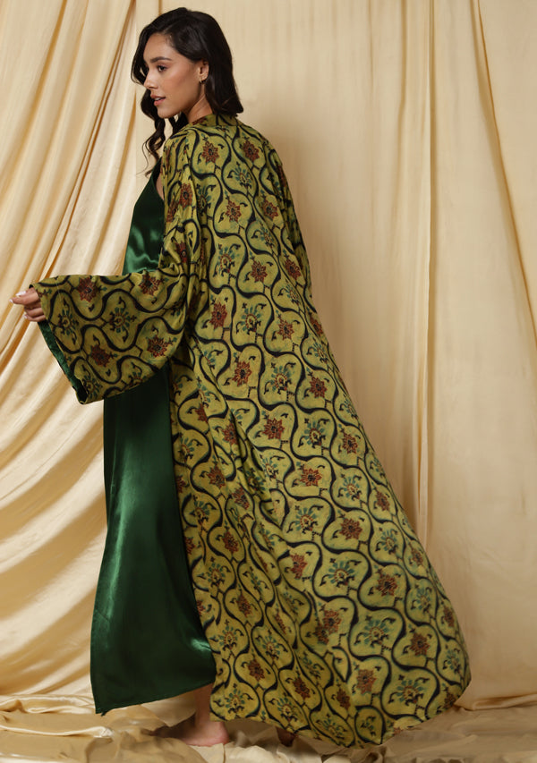 Embrace Emerald Green Long Nighty complemented with Mustard Green Handblock Printed Modal Gown