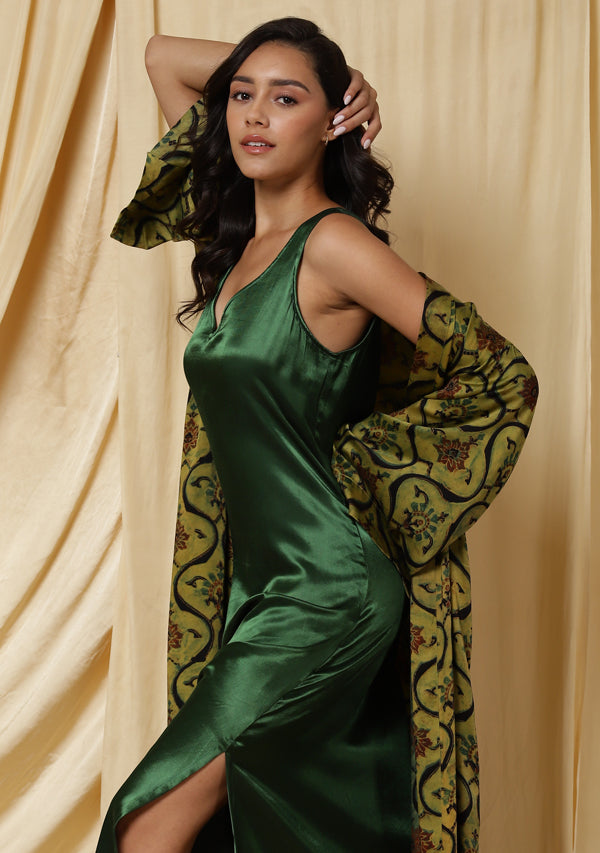 Embrace Emerald Green Long Nighty complemented with Mustard Green Handblock Printed Modal Gown