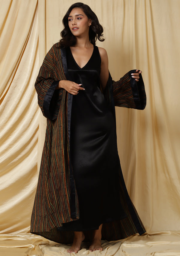 Embrace Black Mushru Long Nighty paired with Multicolor Striped Handblock Printed Modal Gown