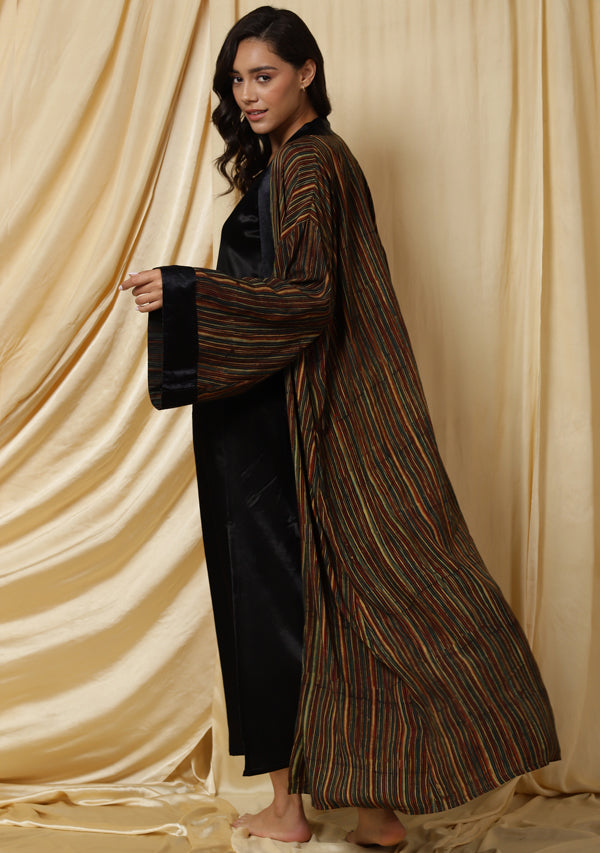 Embrace Black Mushru Long Nighty paired with Multicolor Striped Handblock Printed Modal Gown