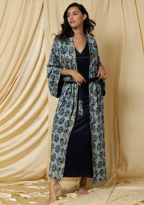 Embrace Navy Blue Long Nighty paired with Floral Handblock Printed Modal Gown