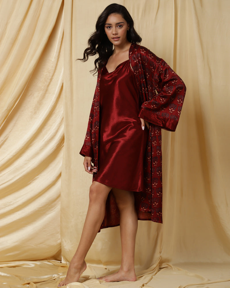 Embrace Deep Red Short Nightdress paired with Matching Handblock Printed Mushru Gown
