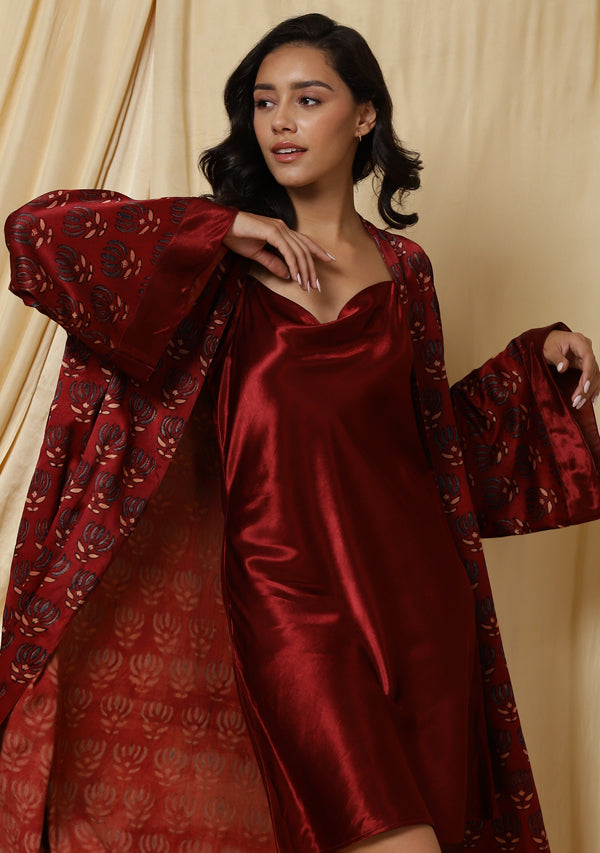 Embrace Deep Red Short Nightdress paired with Matching Handblock Printed Mushru Gown