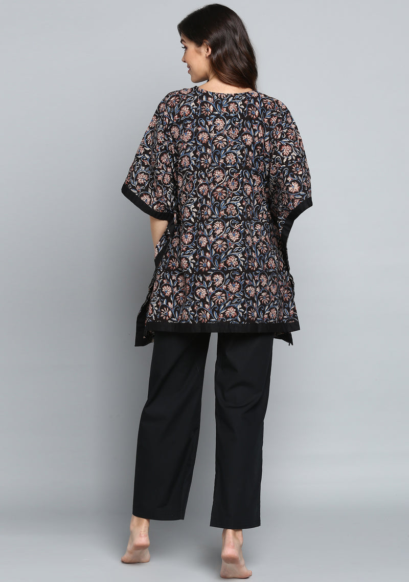 Black Rust Hand Block Printed Floral Short Kaftan with Pyjamas - unidra.myshopify.com