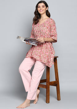 Pink Green Hand Block Printed Floral Short Kaftan with Pink Pyjamas - unidra.myshopify.com