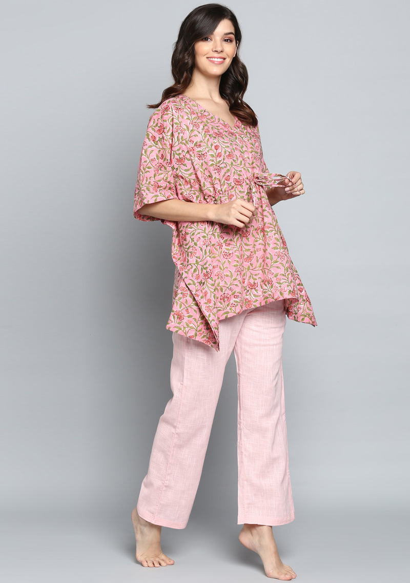 Pink Green Hand Block Printed Floral Short Kaftan with Pink Pyjamas - unidra.myshopify.com