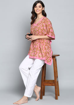 Beige Pink Hand Block Printed Floral Short Kaftan with Pyjamas - unidra.myshopify.com