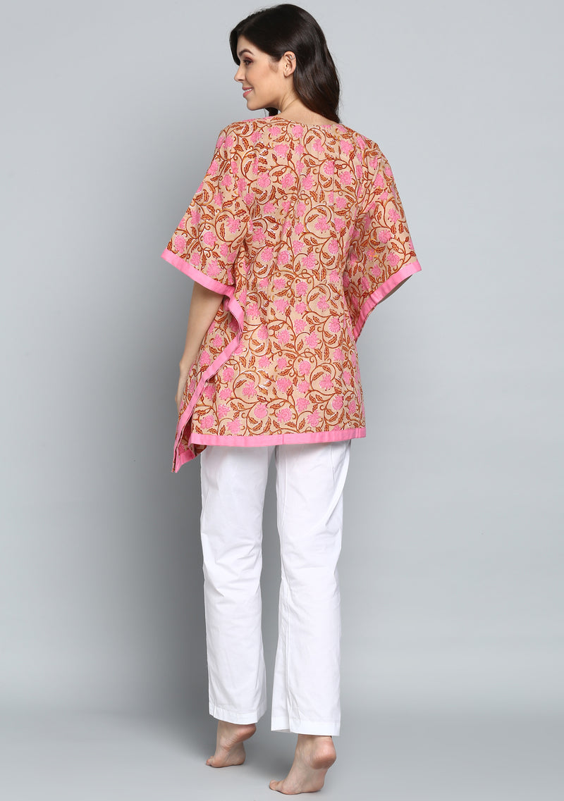 Beige Pink Hand Block Printed Floral Short Kaftan Tunic - unidra.myshopify.com