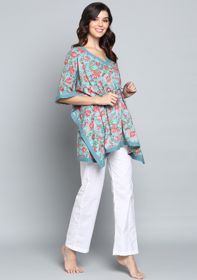 Turquoise Pink Hand Block Printed Floral Short Kaftan with Pyjamas - unidra.myshopify.com
