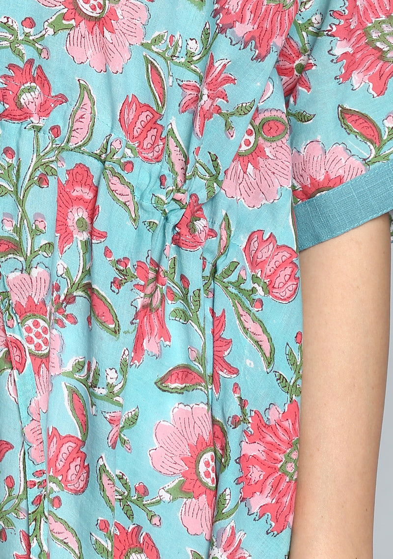 Turquoise Pink Hand Block Printed Floral Short Kaftan with Pyjamas - unidra.myshopify.com