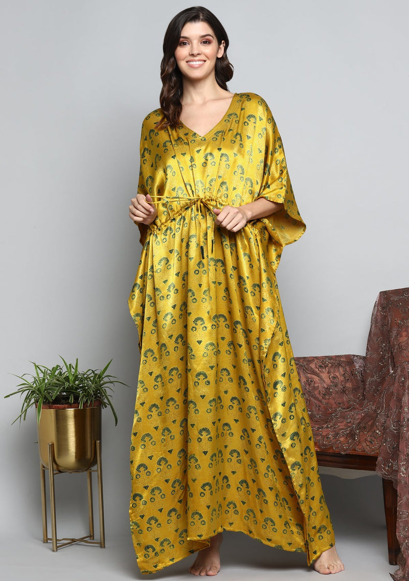 Yellow Green Printed Flower Motif Mushru Luxury Kaftan with Tie-Up Waist - unidra.myshopify.com