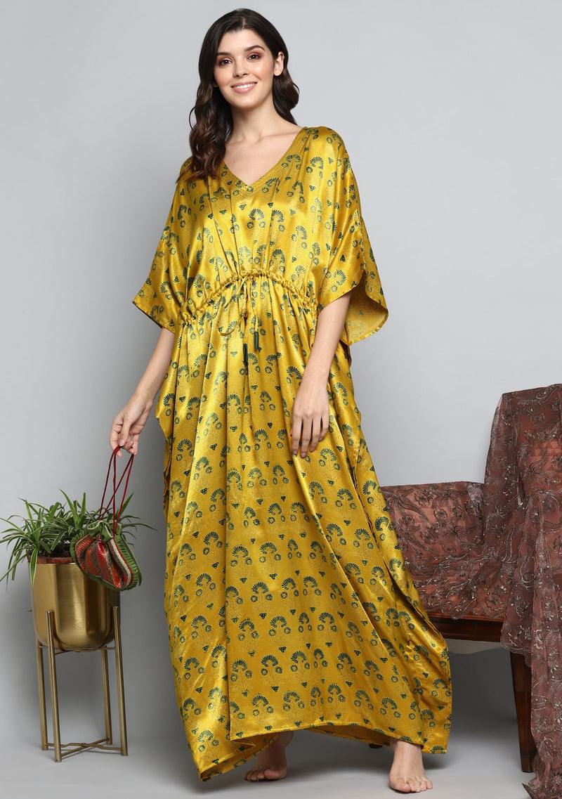 Yellow Green Printed Flower Motif Mushru Luxury Kaftan with Tie-Up Waist - unidra.myshopify.com