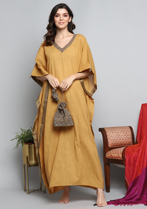 Mustard Luxury Cotton  Kaftan with Hand Crocheted Antique Gold Zari Neckline - unidra.myshopify.com