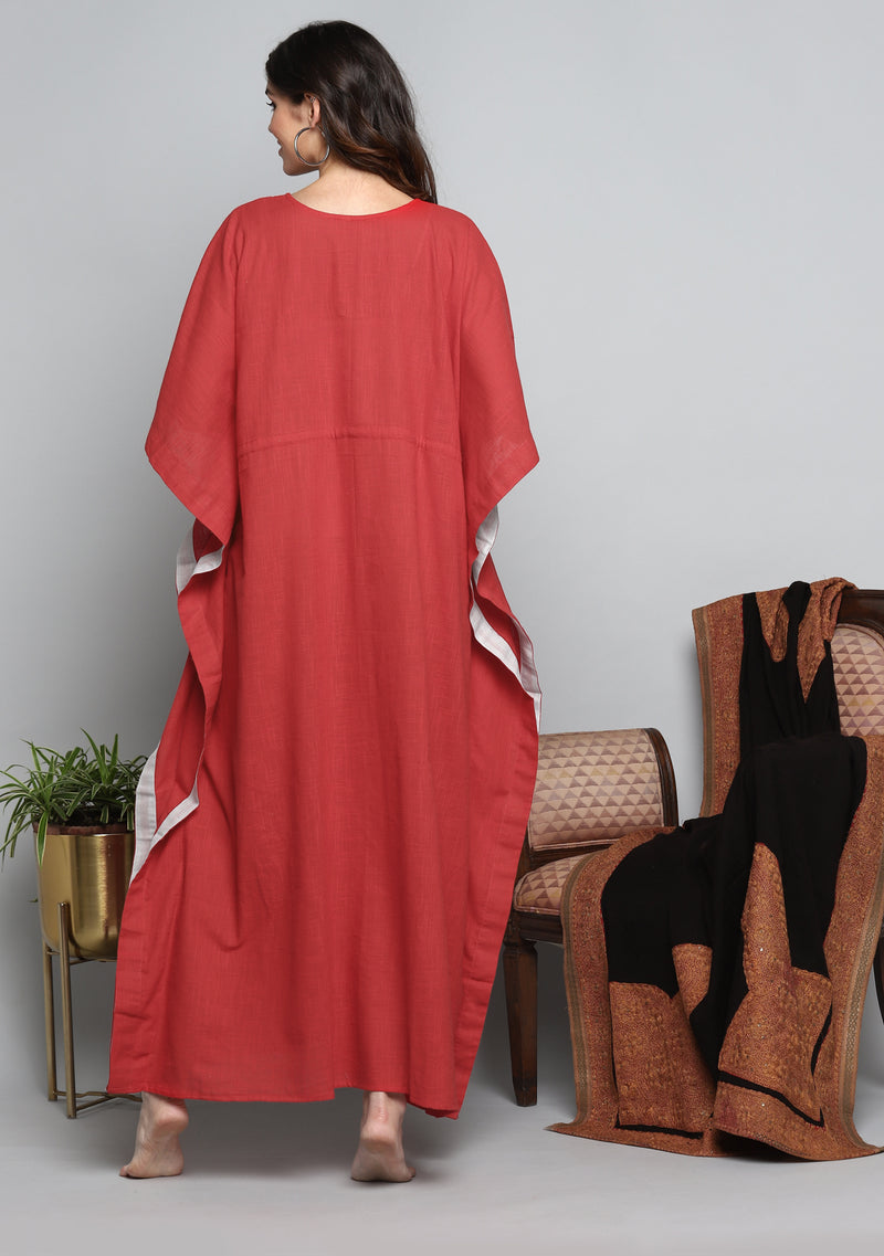 Red Luxury Tie Up Waist Cotton Kaftan with Hand Crocheted  Silver Zari Neckline - unidra.myshopify.com