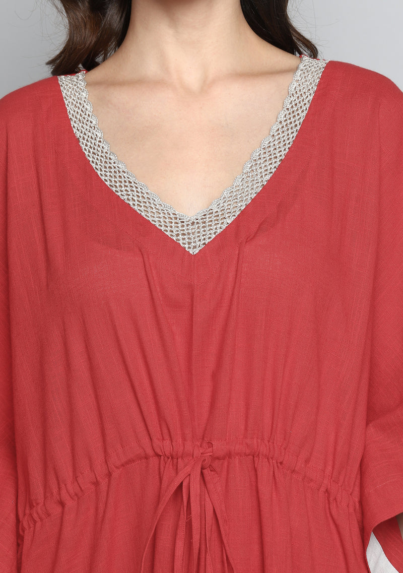 Red Luxury Tie Up Waist Cotton Kaftan with Hand Crocheted  Silver Zari Neckline - unidra.myshopify.com