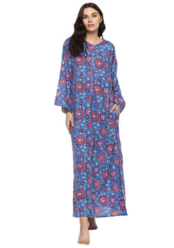 Blue Pink Floral Bell Sleeves Cotton Night Dress Long Sleeves and Zip Detail - unidra.myshopify.com