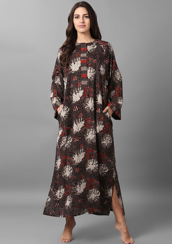 Brown Ivory Red Cotton Night Dress Long Sleeves and Zip Detail - unidra.myshopify.com