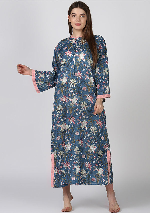 Blue Pink Floral Night Dress Long Sleeves and Zip Detail - unidra.myshopify.com