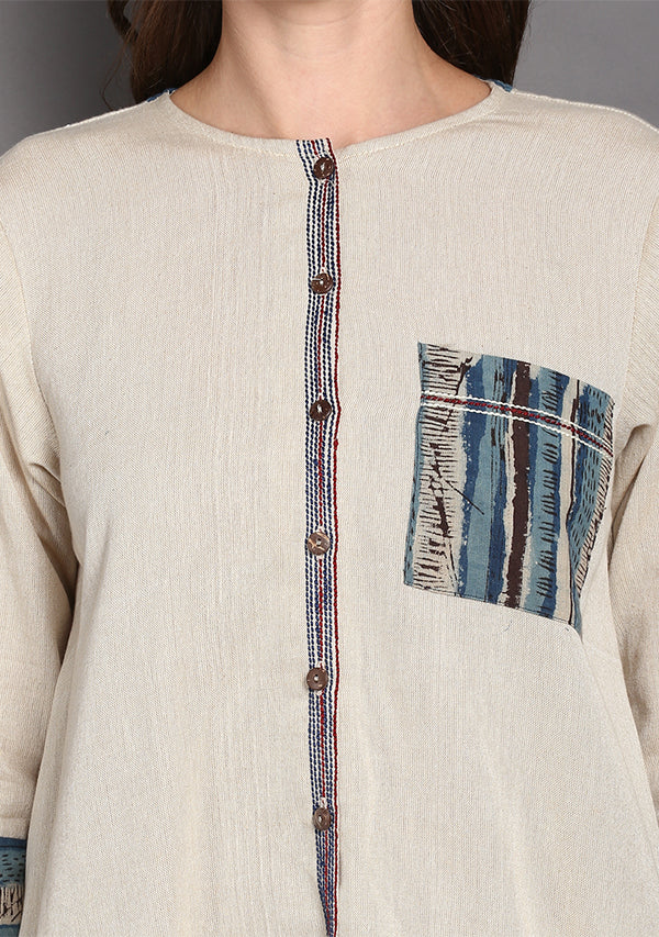 Beige Cotton Tunic with Indigo Hand Block Printed Patch Pocket and Cuffs - unidra.myshopify.com