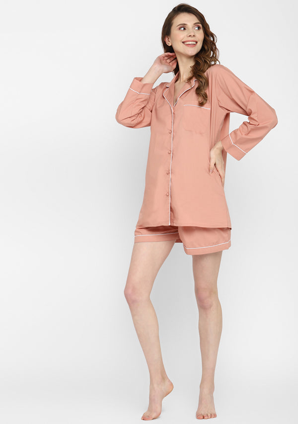 Peach Collared Short Sleeve Cotton Night Suit paired  with Shorts
