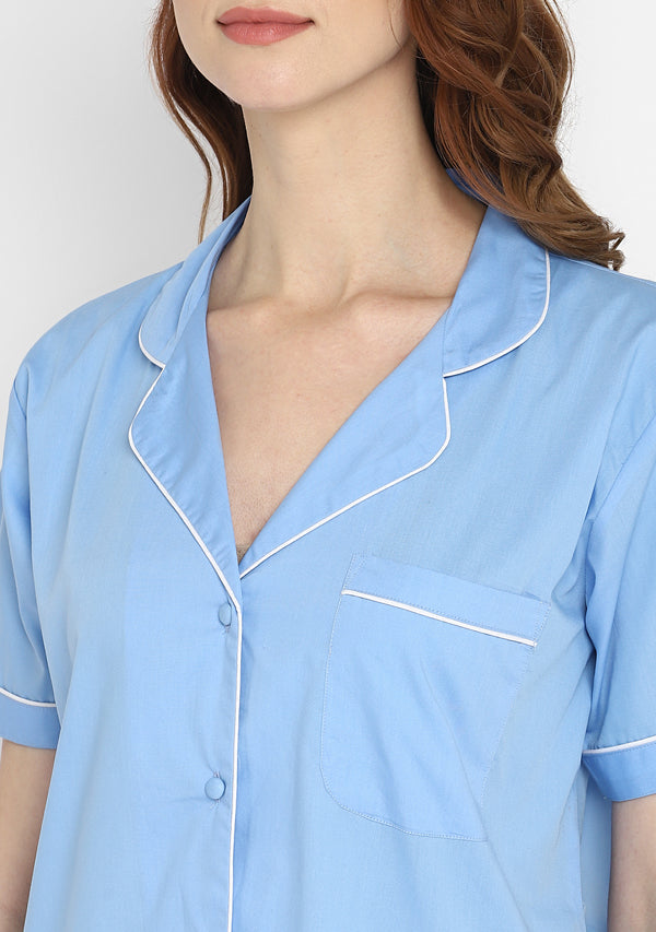 Blue Collared Short Sleeve Cotton Night Suit paired  with Capris