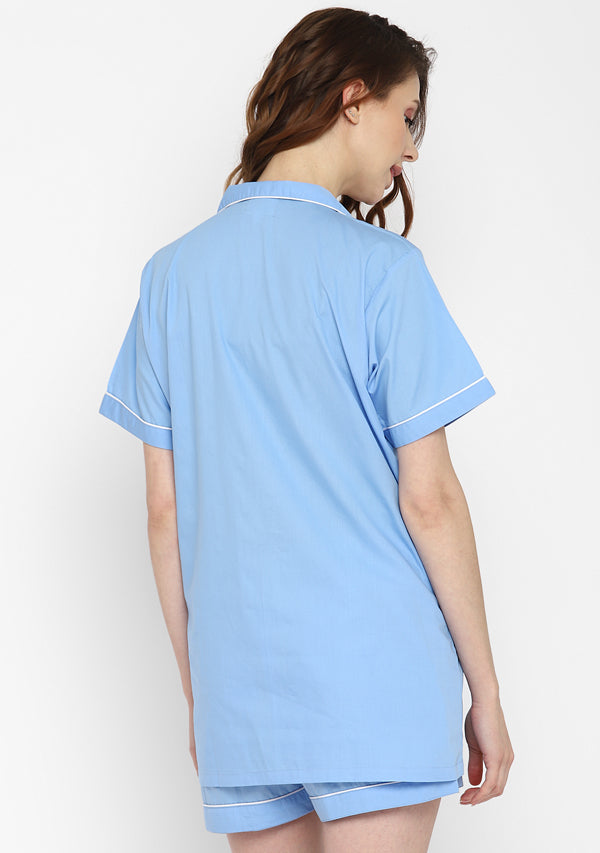 Blue Collared Short Sleeve Cotton Night Suit paired  with Shorts