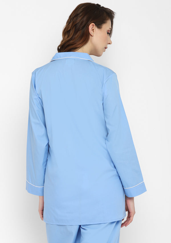 Blue Collared Long Sleeve Cotton Night Suit paired  with Capris