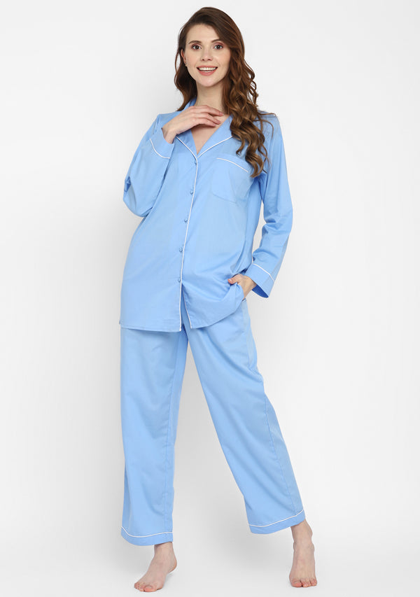 Blue Collared Long Sleeve Cotton Night Suit paired  with Pyjamas