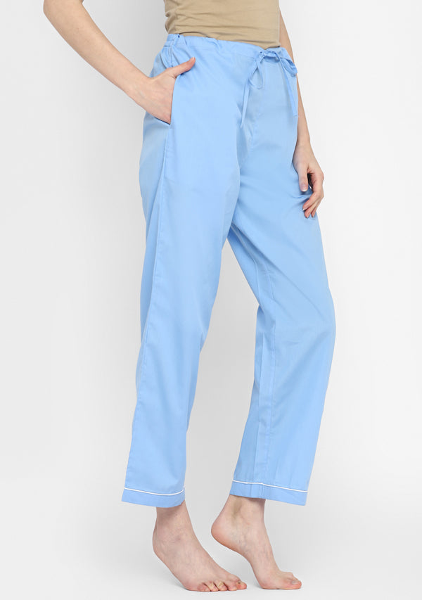 Blue Collared Long Sleeve Cotton Night Suit paired  with Pyjamas