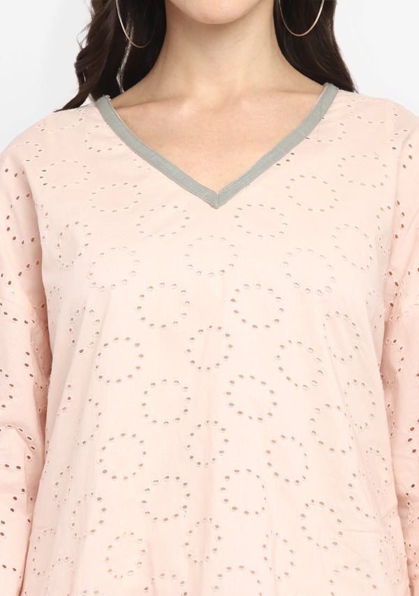 Pink Schiffli Asymmetric Cotton Tunic ( Only Top )