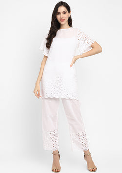 White Cotton Schiffli Tunic paired with matching Pants