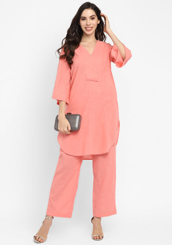 uNidraa  Peach Cotton Co-ord Set paired with a Contrast Scarf