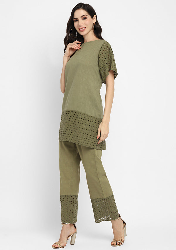 Olive Green Cotton Schiffli Tunic paired with matching Pants