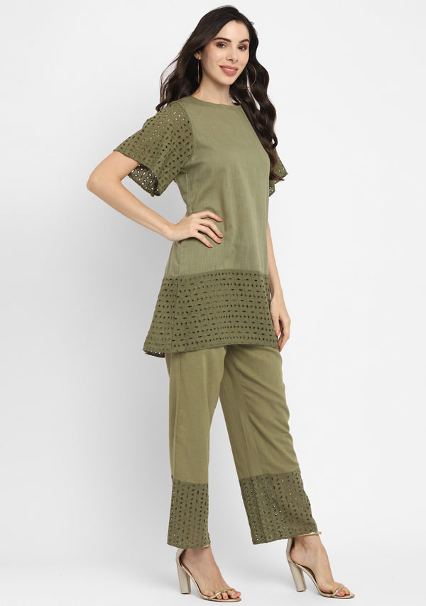 Olive Green Cotton Schiffli Tunic paired with matching Pants
