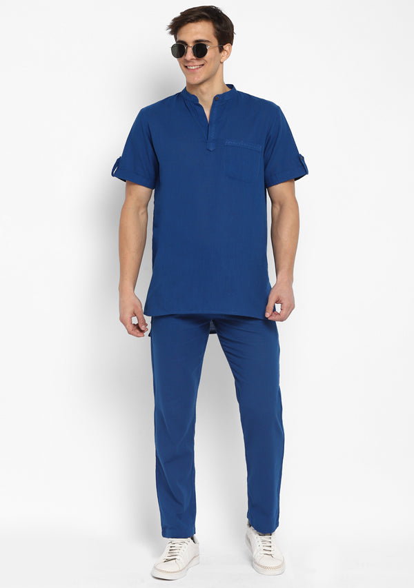 Royal Blue Short Sleeves Shirt And Pyjamas For Men