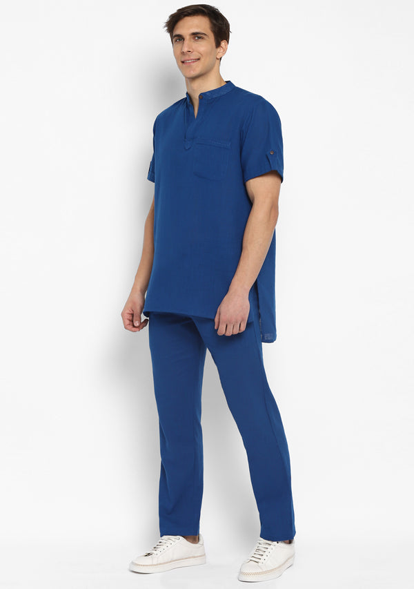 Royal Blue Short Sleeves Shirt And Pyjamas For Men
