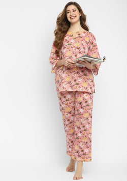 Pink Yellow Floral Hand Block Printed Cotton Night Suit