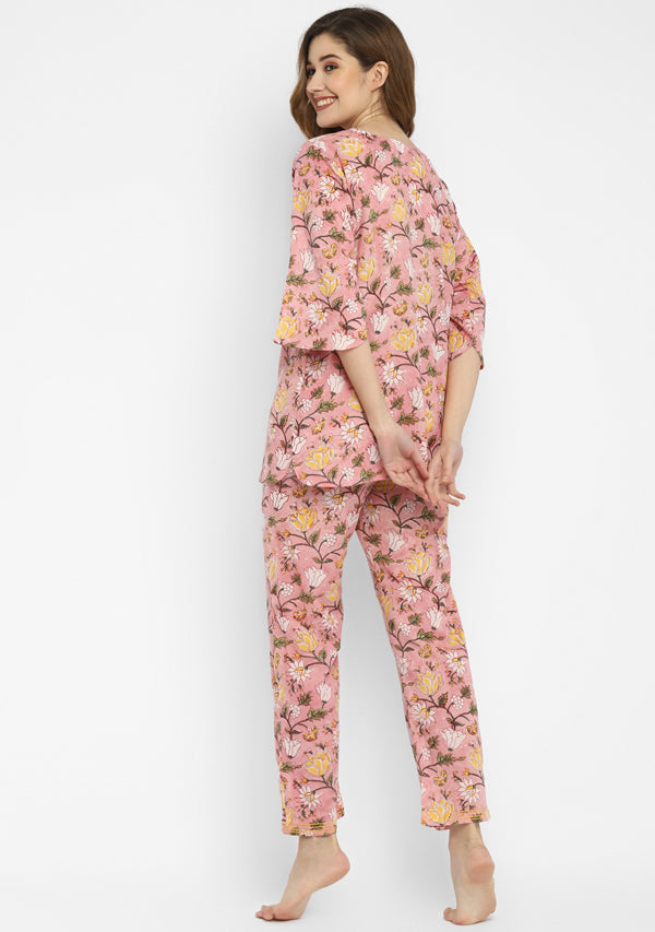 Pink Yellow Floral Hand Block Printed Cotton Night Suit
