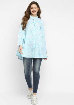 White Turquoise Leaf Printed A-Line Long Tunic with Button Details