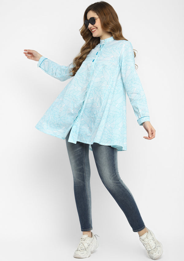 White Turquoise Leaf Printed A-Line Long Tunic with Button Details